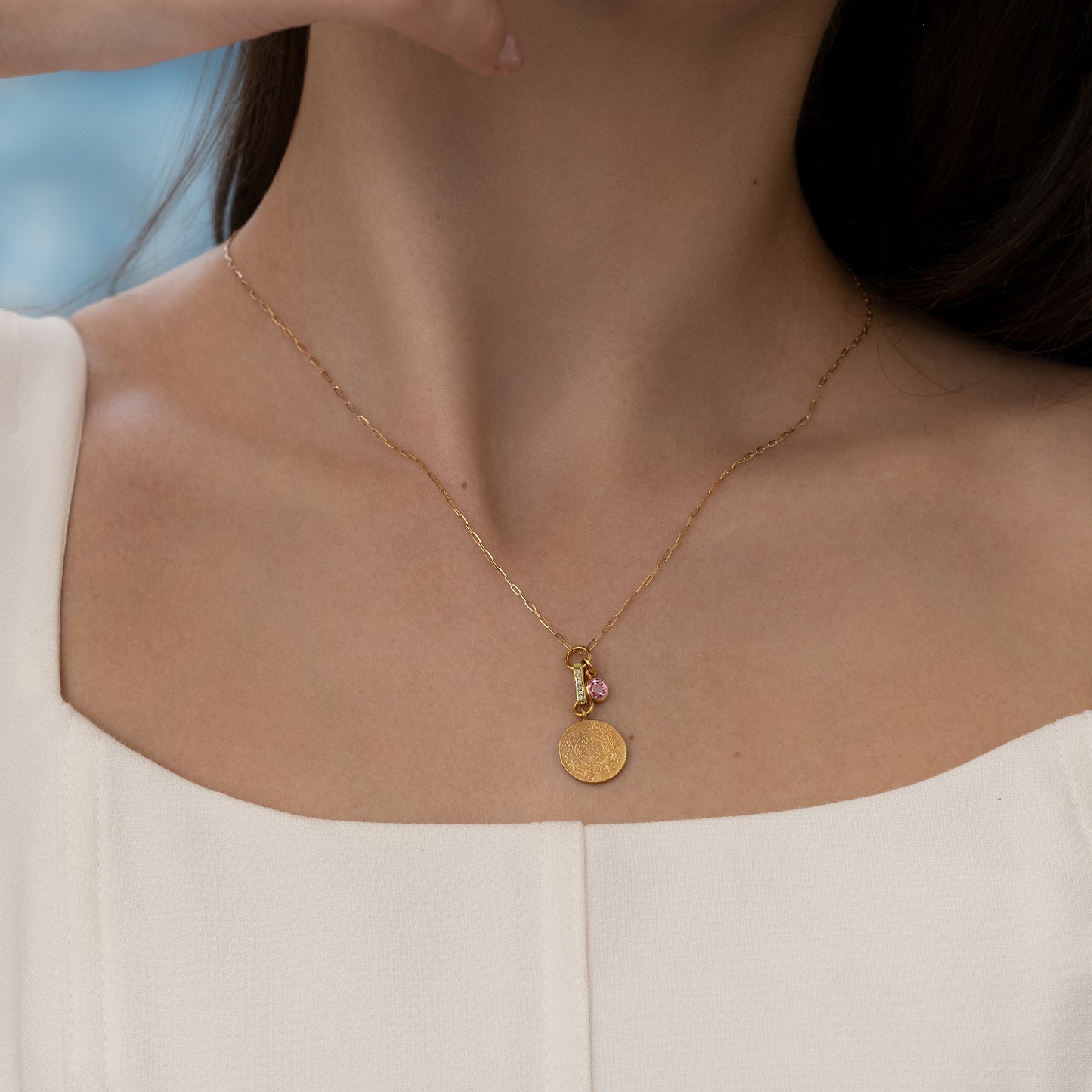 Mini 1/4 Saudi Gold Jeneh Charm Necklace | Pink Sapphire