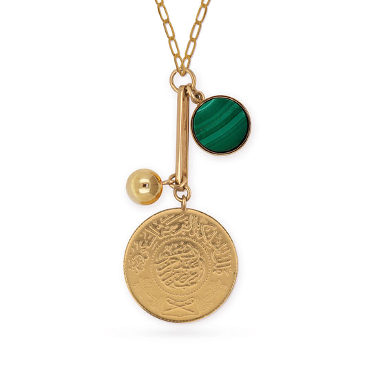 Saudi Gold Jeneh Charm Malachite Necklace  | Large